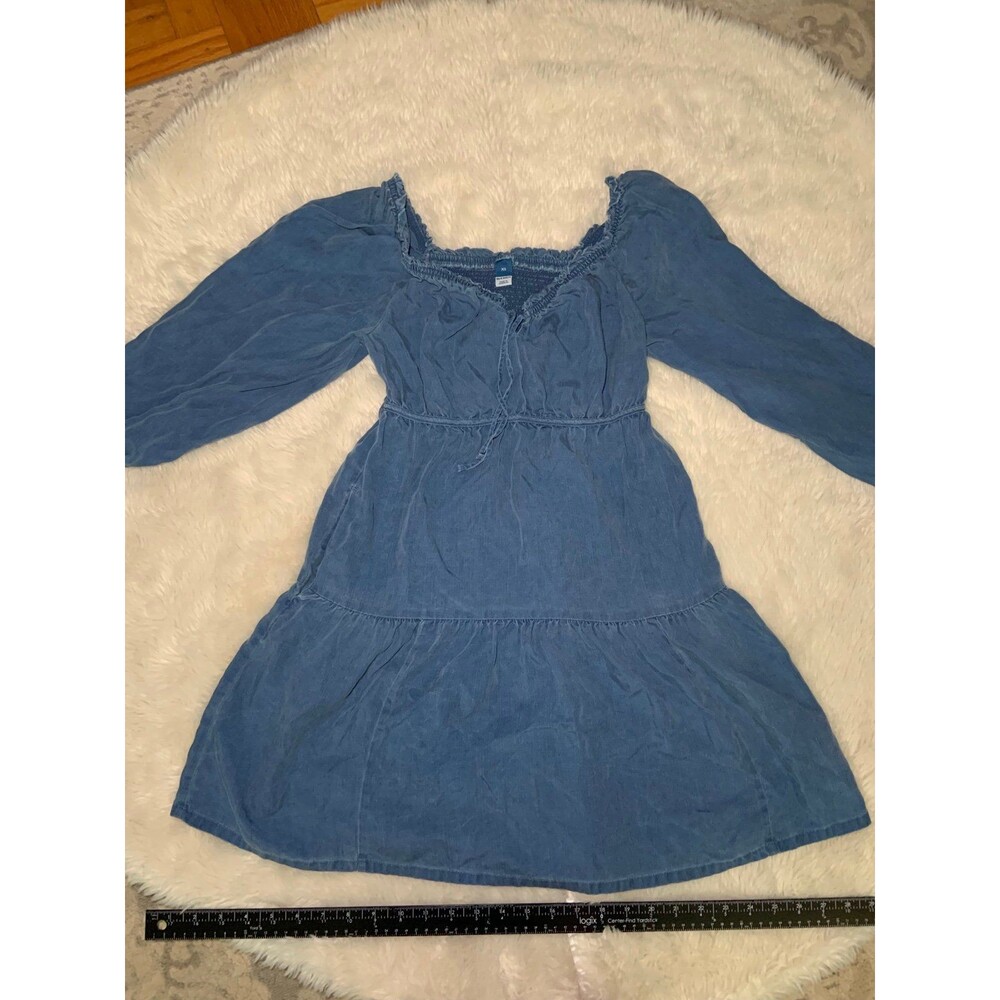 Sz XS Old Navy Peasant Jean Chambray Puffy Sleeve Drawstring Chest Dress